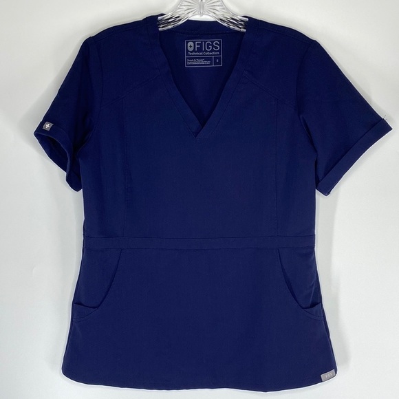 Figs Flores Scrub Top Navy Blue Peplum Fit Side Pockets TW2012 Size Small - Picture 1 of 6